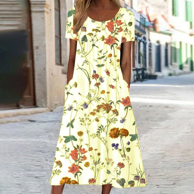Ella | Bohemisk Blommig Klänning med Magdeckning